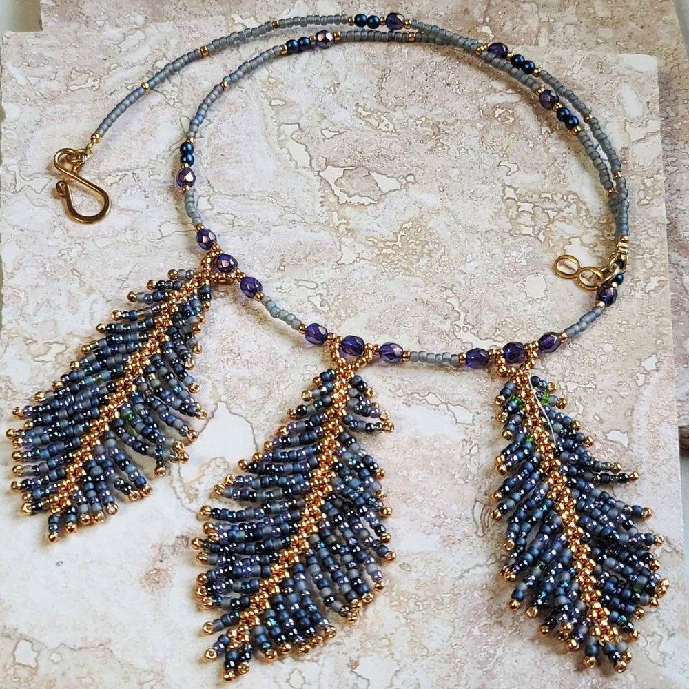 Handmade Glass seed bead Feather Necklace Denim Bl